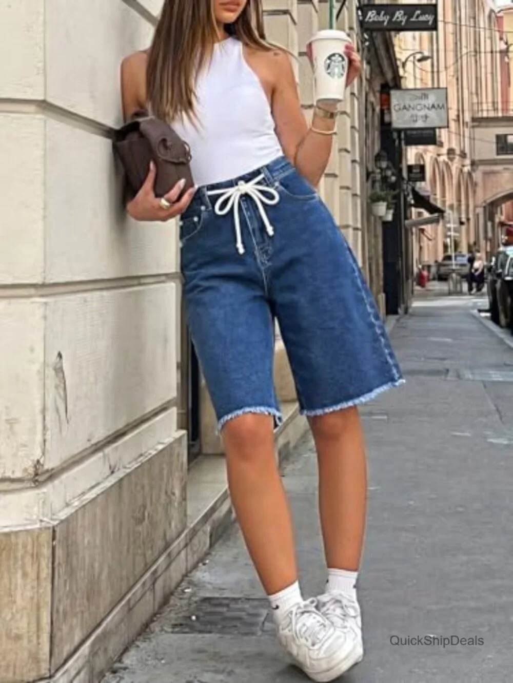 High Waisted Denim Shorts Bermuda Baggy Drawstring Raw Hem Jorts Knee Length